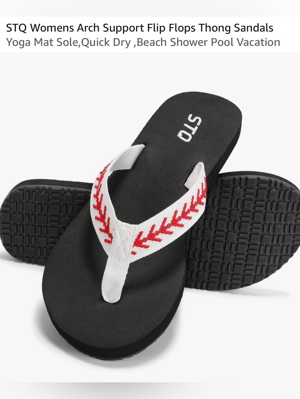 STQ Black Flip Flops with White & Red Baseball Embroidered Straps